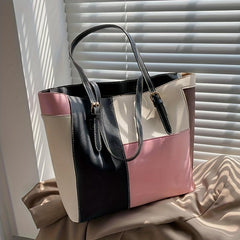 Large Capacity Contrast Tote Bag PU Leather Textured Shoulder Bag