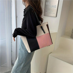 Large Capacity Contrast Tote Bag PU Leather Textured Shoulder Bag