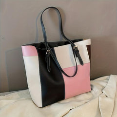 Large Capacity Contrast Tote Bag PU Leather Textured Shoulder Bag