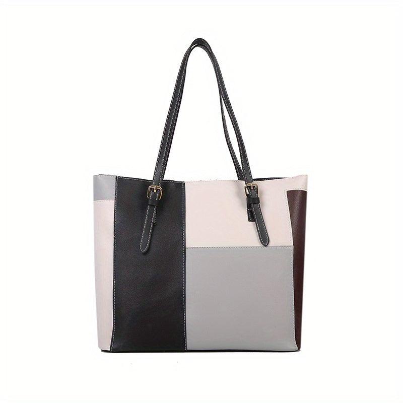 Large Capacity Contrast Tote Bag PU Leather Textured Shoulder Bag