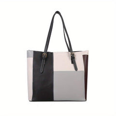 Large Capacity Contrast Tote Bag PU Leather Textured Shoulder Bag