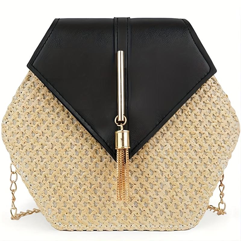 Straw Beach Bag Metal Chain Tassel Crossbody Bag