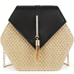 Straw Beach Bag Metal Chain Tassel Crossbody Bag