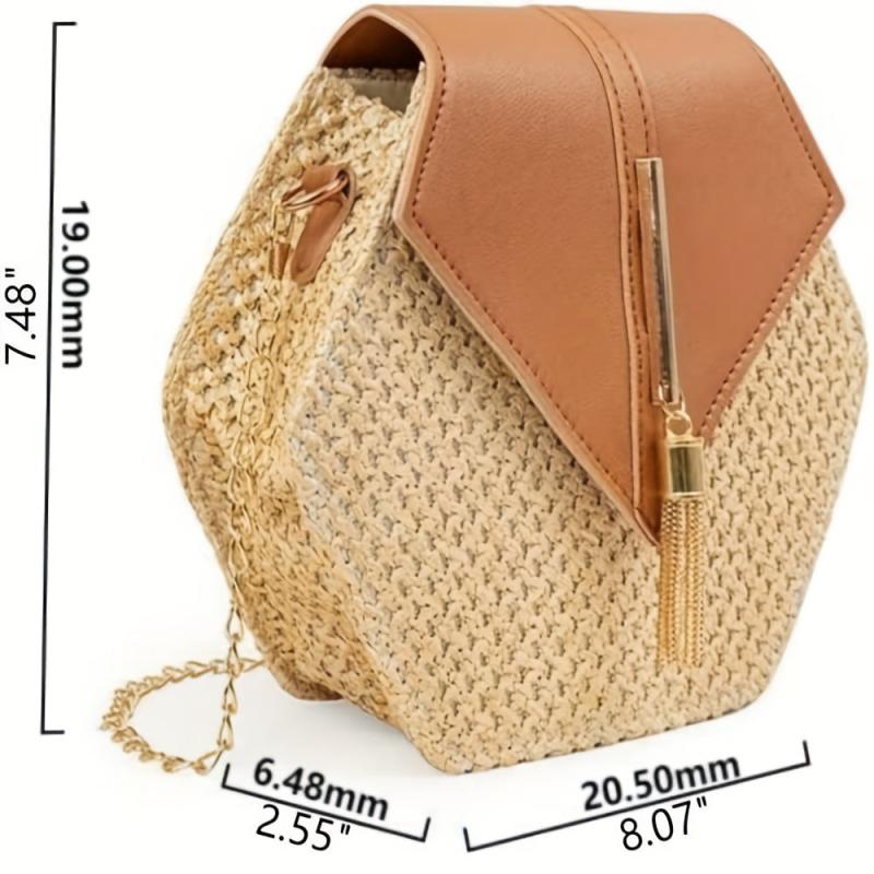 Straw Beach Bag Metal Chain Tassel Crossbody Bag