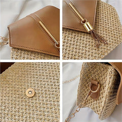 Straw Beach Bag Metal Chain Tassel Crossbody Bag