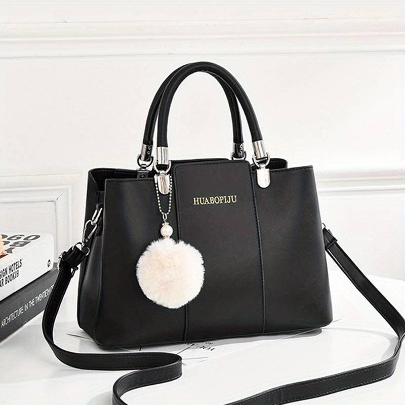 Classic Tote Satchel Bag with Pom Pom Decor Women's Shoulder Bag