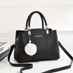 Classic Tote Satchel Bag with Pom Pom Decor Women's Shoulder Bag