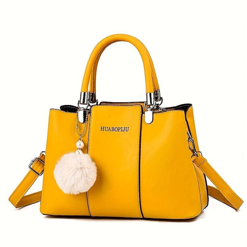 Classic Tote Satchel Bag with Pom Pom Decor Women's Shoulder Bag