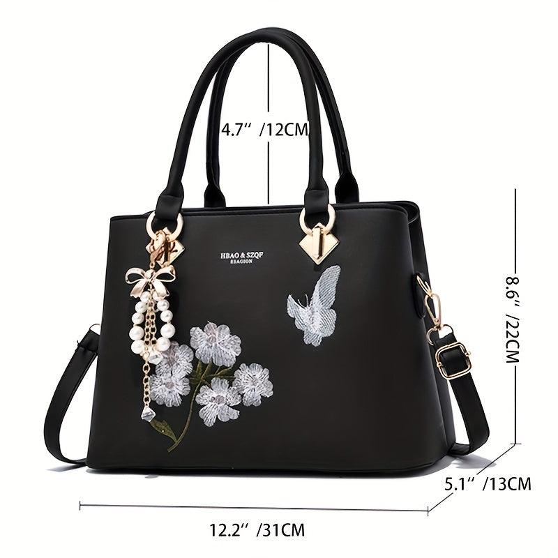 Butterfly & Flower Embroidered Tote Bag Classic Satchel Bag