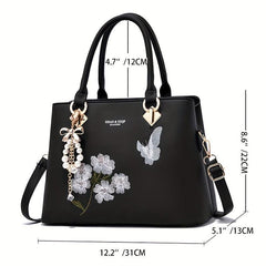 Butterfly & Flower Embroidered Tote Bag Classic Satchel Bag