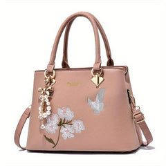 Butterfly & Flower Embroidered Tote Bag Classic Satchel Bag