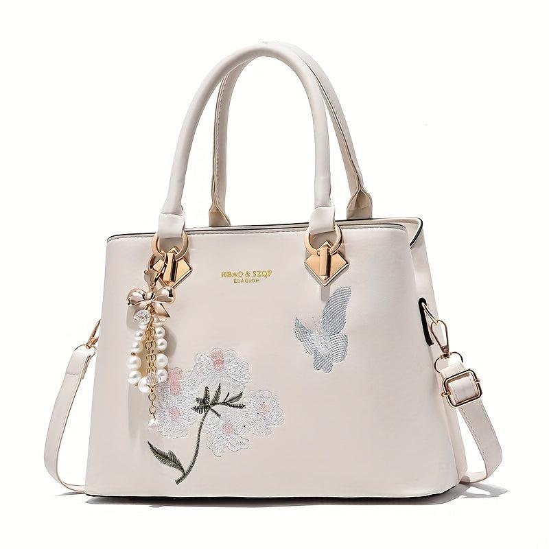 Butterfly & Flower Embroidered Tote Bag Classic Satchel Bag