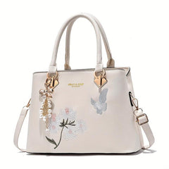 Butterfly & Flower Embroidered Tote Bag Classic Satchel Bag