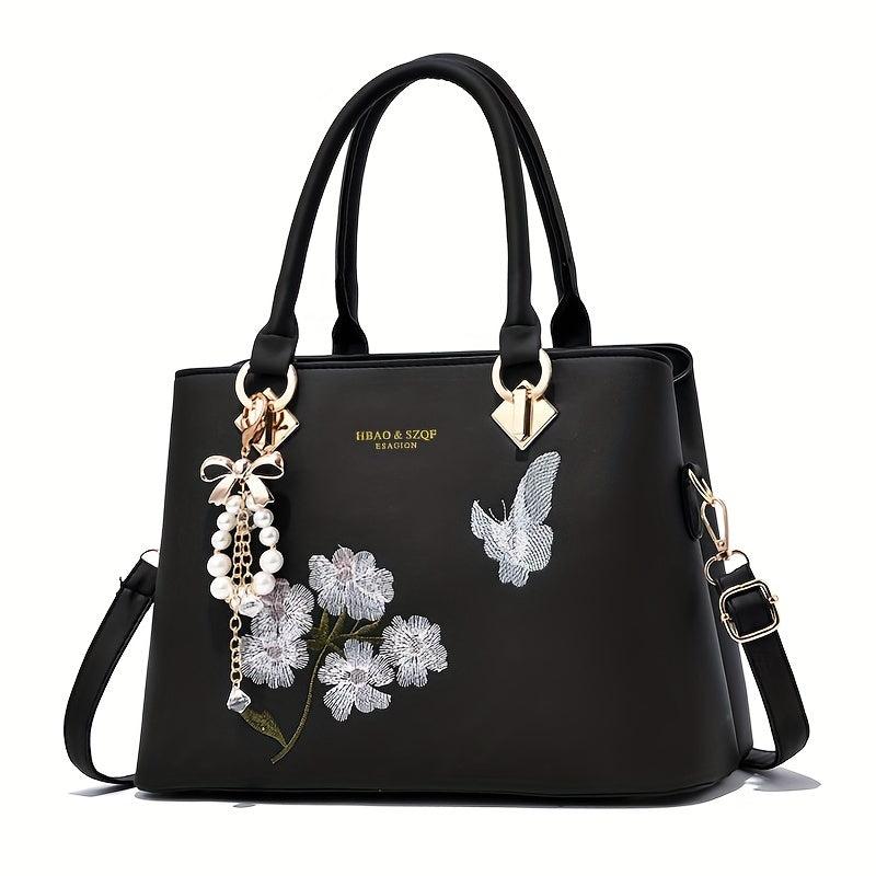 Butterfly & Flower Embroidered Tote Bag Classic Satchel Bag