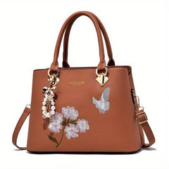 Butterfly & Flower Embroidered Tote Bag Classic Satchel Bag