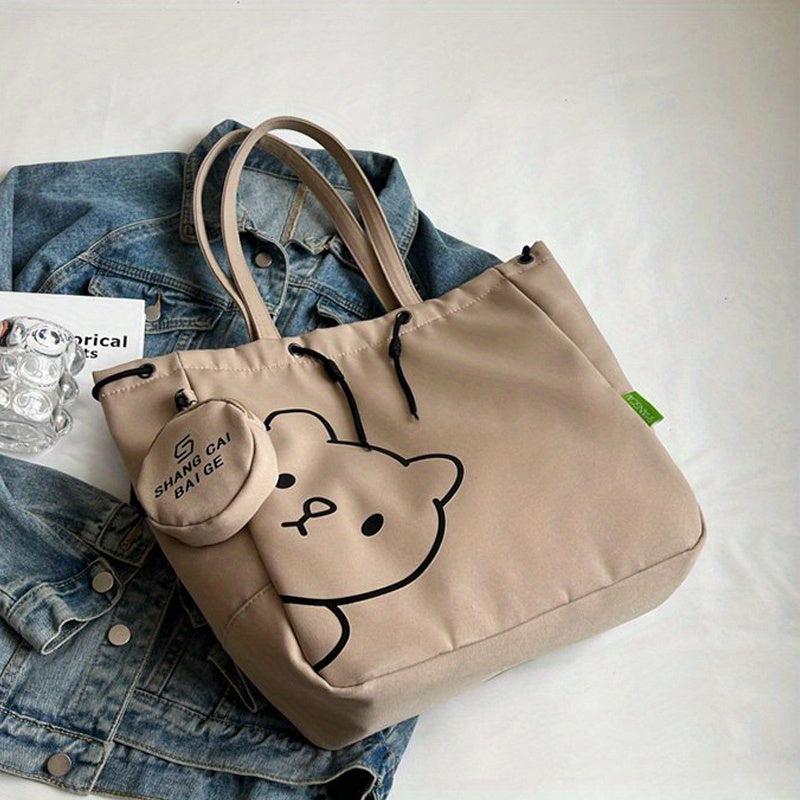 Cartoon Bear Print Durable Shopping Bag Canvas Large Capacity Underarm Bag
