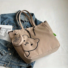 Cartoon Bear Print Durable Shopping Bag Canvas Large Capacity Underarm Bag
