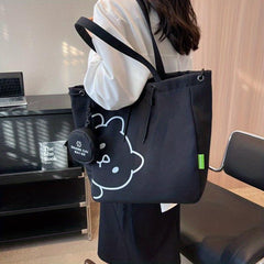 Cartoon Bear Print Durable Shopping Bag Canvas Large Capacity Underarm Bag