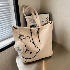 Cartoon Bear Print Durable Shopping Bag Canvas Large Capacity Underarm Bag