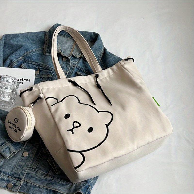Cartoon Bear Print Durable Shopping Bag Canvas Large Capacity Underarm Bag
