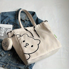 Cartoon Bear Print Durable Shopping Bag Canvas Large Capacity Underarm Bag