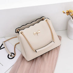 Bow Decor Crossbody Bag Chain Strap Bucket Purse PU Leather Shoulder Bag