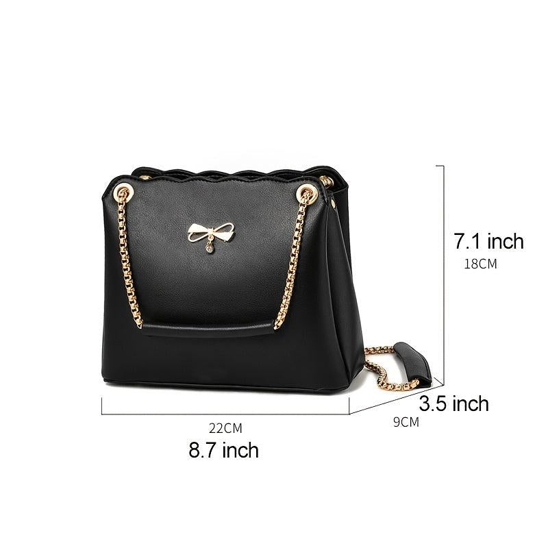 Bow Decor Crossbody Bag Chain Strap Bucket Purse PU Leather Shoulder Bag