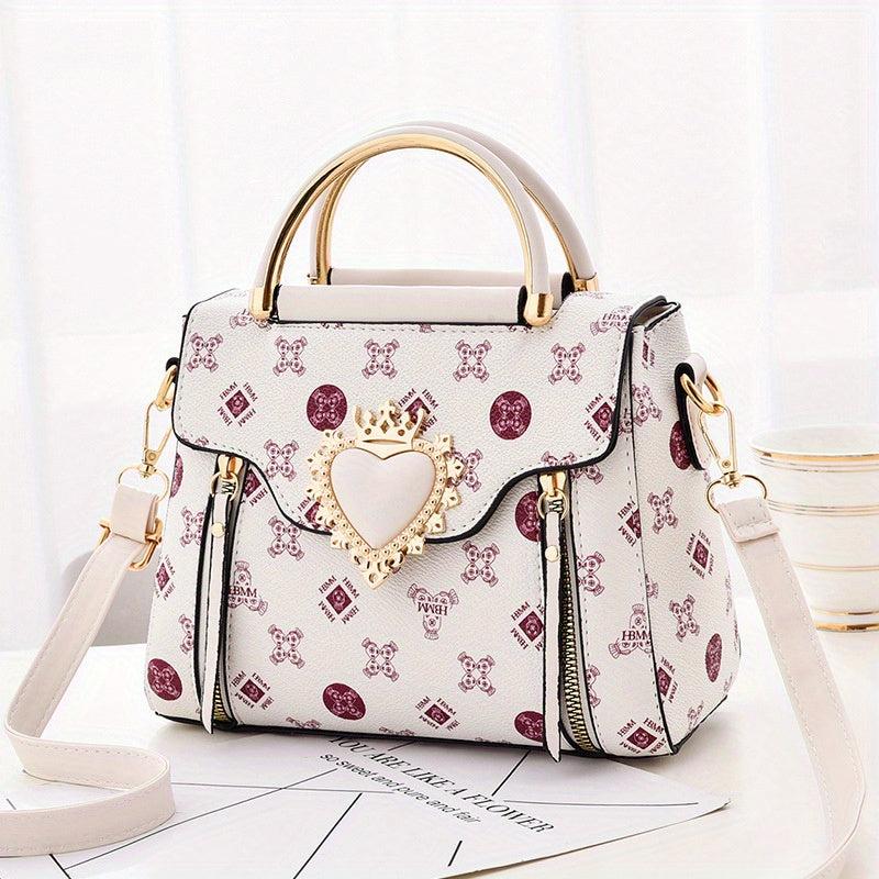 Women's Double Handle Satchel Purse Heart Decor Crossbody Bag