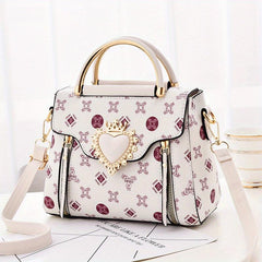 Women's Double Handle Satchel Purse Heart Decor Crossbody Bag