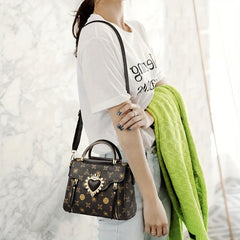Women's Double Handle Satchel Purse Heart Decor Crossbody Bag