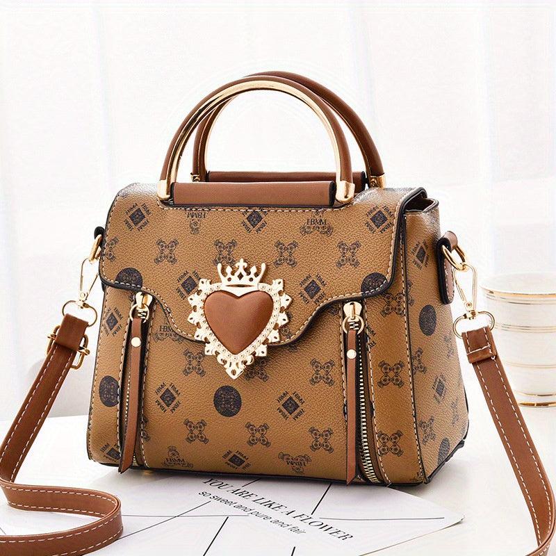 Women's Double Handle Satchel Purse Heart Decor Crossbody Bag