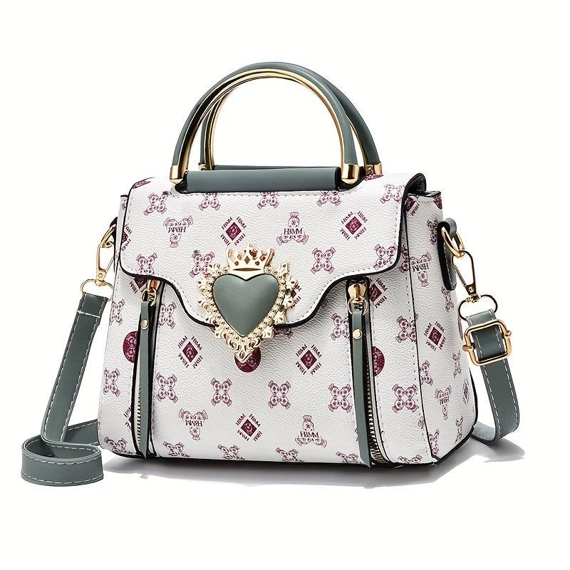 Women's Double Handle Satchel Purse Heart Decor Crossbody Bag