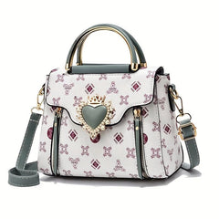 Women's Double Handle Satchel Purse Heart Decor Crossbody Bag