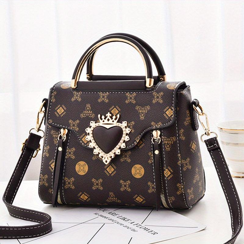 Women's Double Handle Satchel Purse Heart Decor Crossbody Bag
