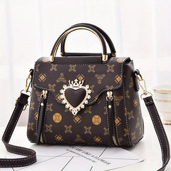 Women's Double Handle Satchel Purse Heart Decor Crossbody Bag