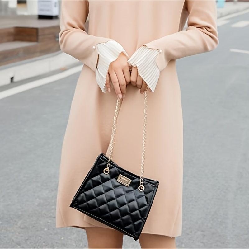 Argyle Quilted Shoulder Bag Chain Strap Tote Bag for Work