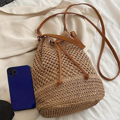 Straw Bucket Bag Crossbody Lightweight Braided Shoulder Bag