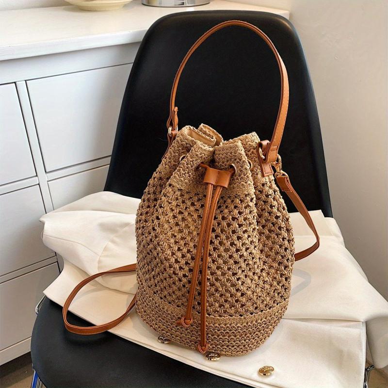 Straw Bucket Bag Crossbody Lightweight Braided Shoulder Bag