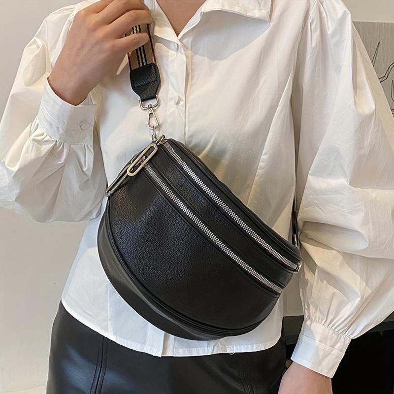 Vintage PU Crossbody Sling Bag Double Zipper Waist Bag Women's Shoulder Purse