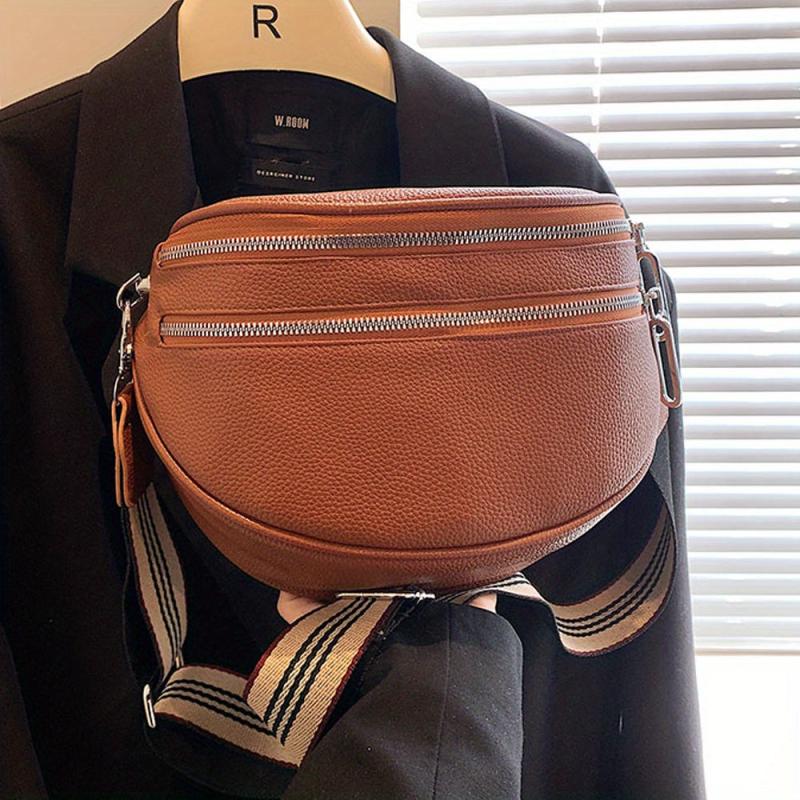 Vintage PU Crossbody Sling Bag Double Zipper Waist Bag Women's Shoulder Purse