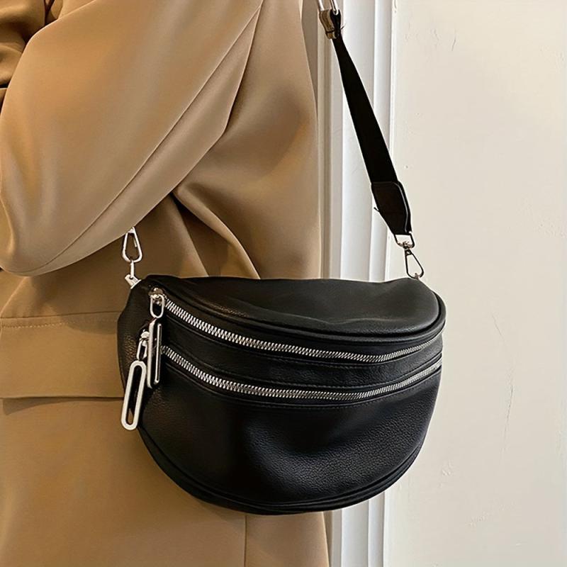 Vintage PU Crossbody Sling Bag Double Zipper Waist Bag Women's Shoulder Purse