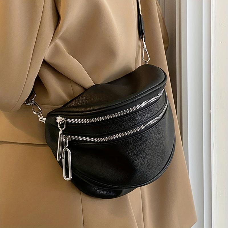 Vintage PU Crossbody Sling Bag Double Zipper Waist Bag Women's Shoulder Purse