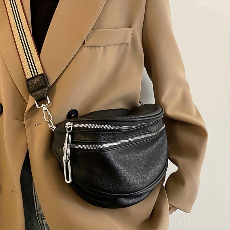 Vintage PU Crossbody Sling Bag Double Zipper Waist Bag Women's Shoulder Purse