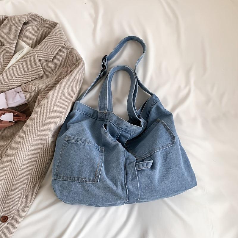 Casual Denim Shoulder Bag Large Capacity for Work Shopping