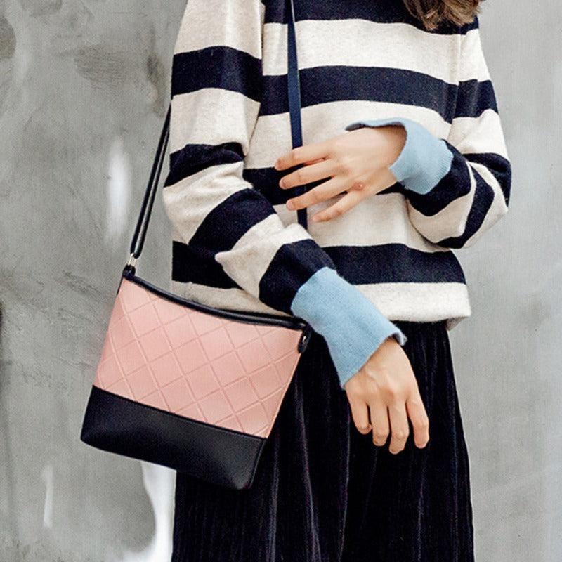Block Quilted Bucket Bag PU Leather Crossbody Shoulder Phone Bag
