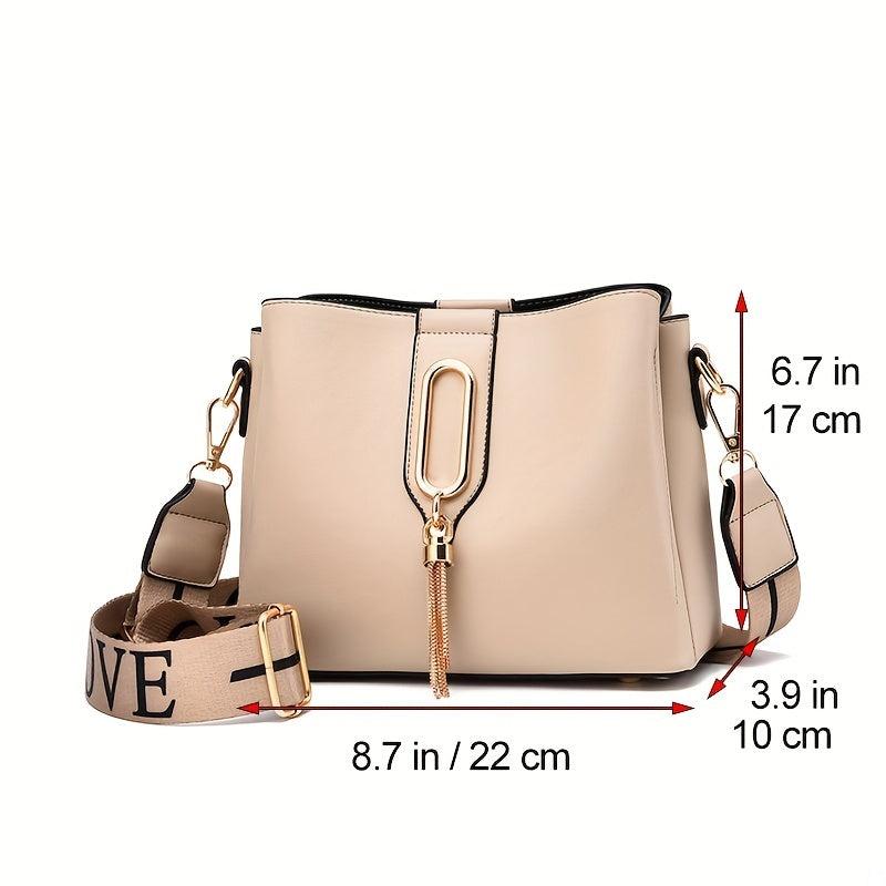 Small Crossbody Bag with Letters Strap and Tassel Decor