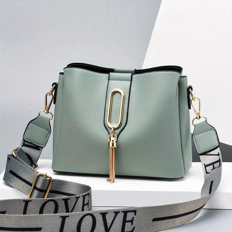 Small Crossbody Bag with Letters Strap and Tassel Decor