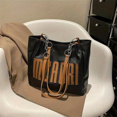 Letter Patch Tote Bag Faux Leather Handbag Large Capacity Shoulder Bag