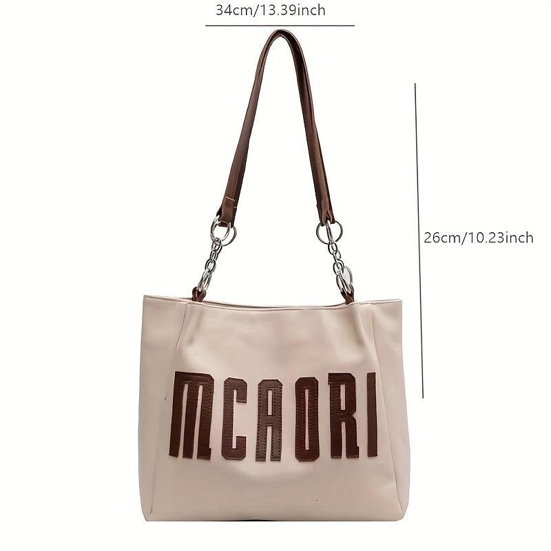 Letter Patch Tote Bag Faux Leather Handbag Large Capacity Shoulder Bag