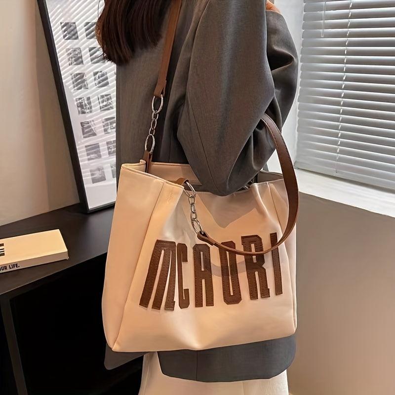 Letter Patch Tote Bag Faux Leather Handbag Large Capacity Shoulder Bag